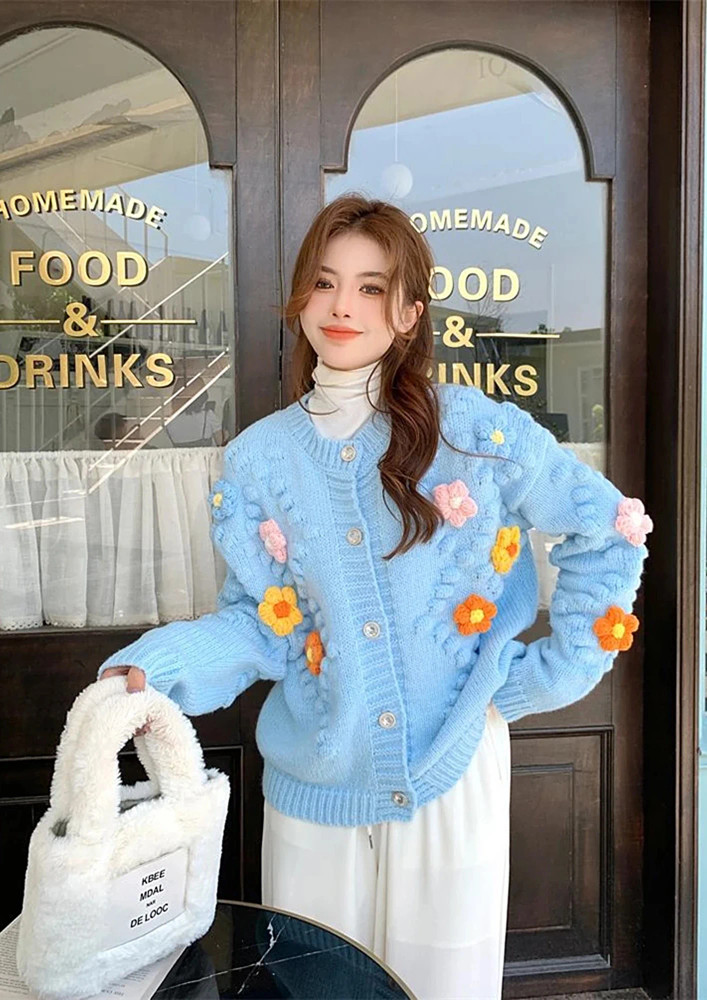 BLUE FREE SIZE FLORAL EMBROIDERY CARDIGAN