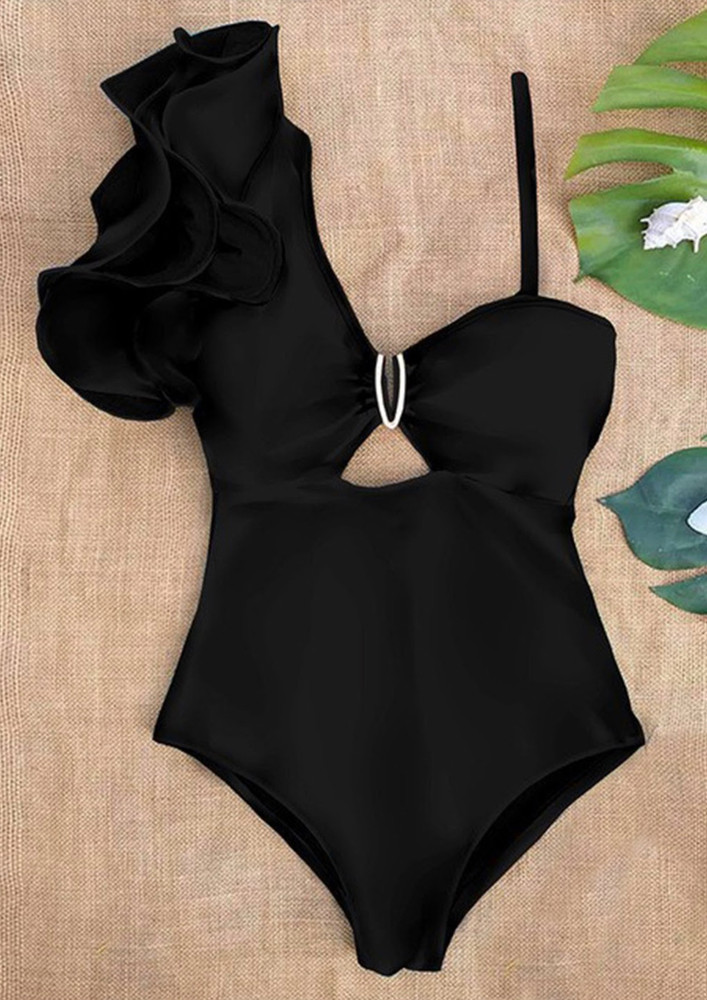 BLACK RUFFLED SOLID POLYESTER SWIMSUIT