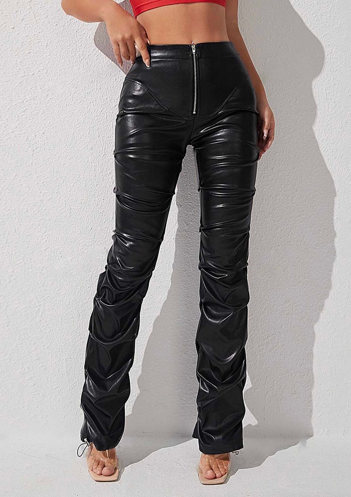 Black Faux Leather Zip-up Pleated Pants