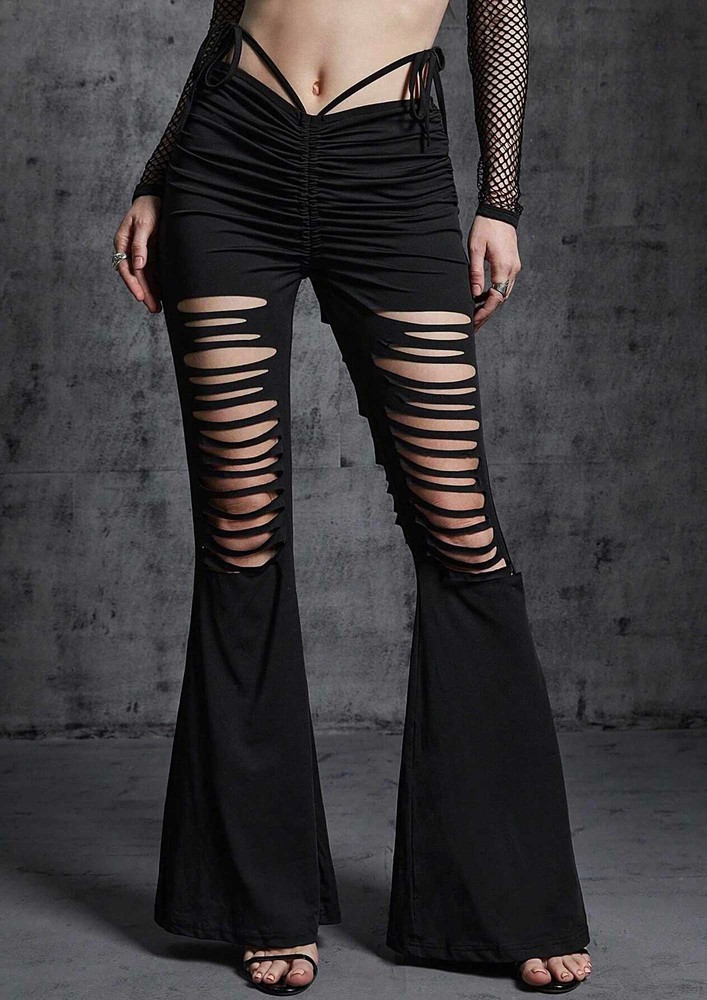 BLACK BELL BOTTOM FIT RIPPED TROUSERS