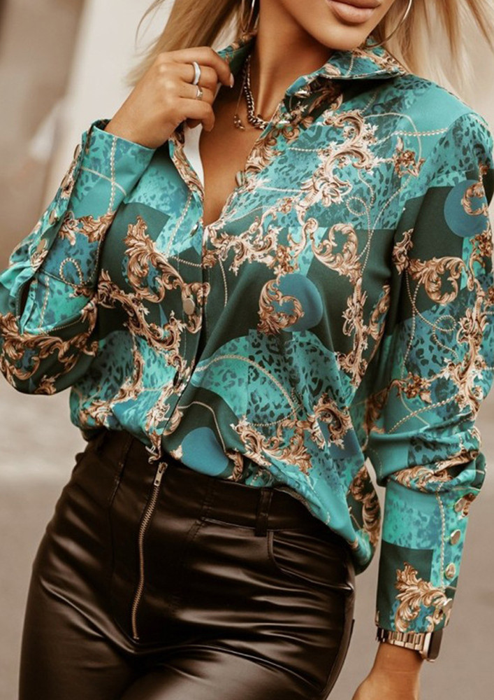 PRINTED GREEN COLLARED BOROQUE SHIRT