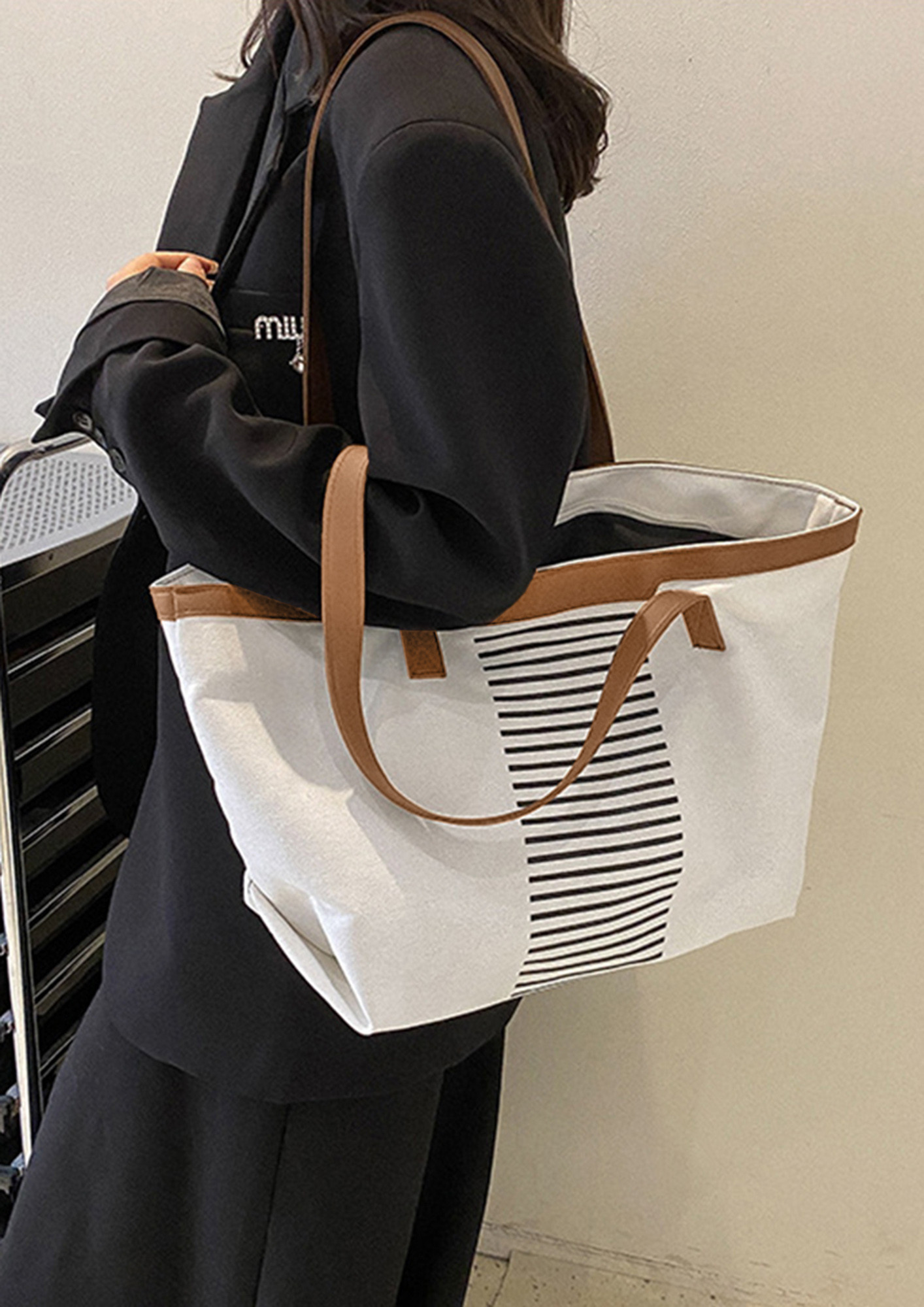 Cute Taupe Tote Bag - Striped Handbag - Faux Leather Bag - Lulus