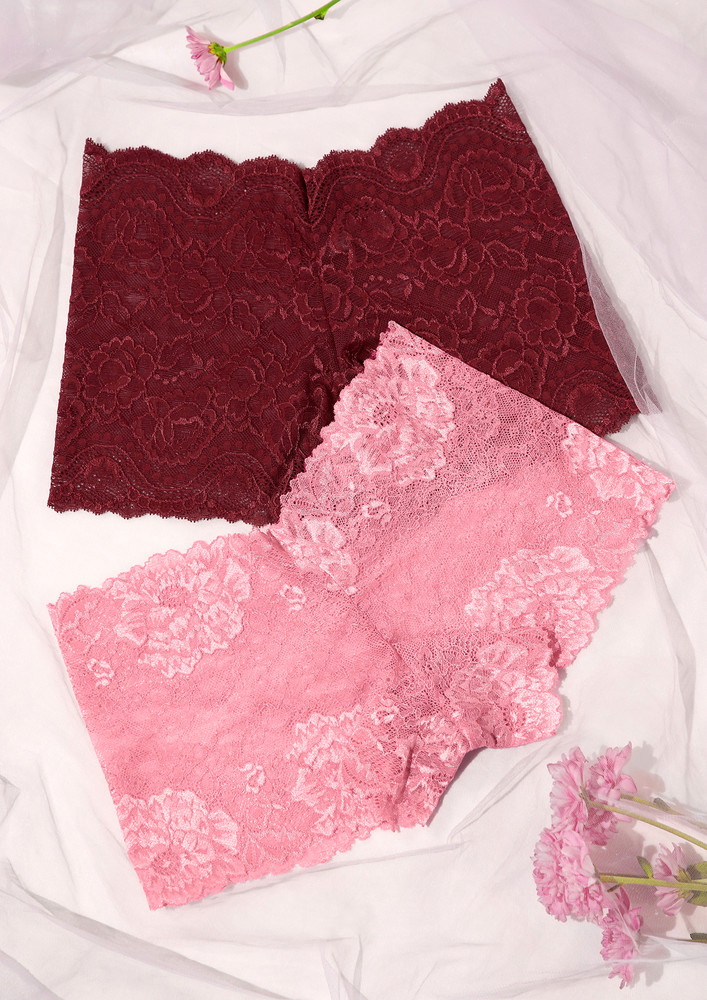 Sexy Red And Pink Lace Boy Shorts Set Of 2
