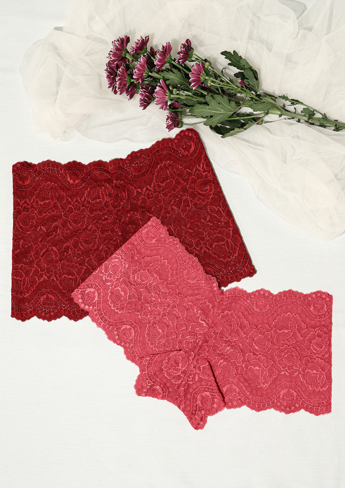 Pack-of-2 Lacy Crimson-red Mid-rise Boyshorts