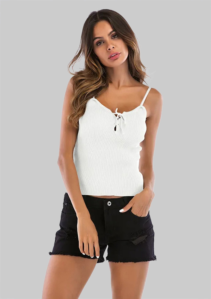 Strappy Front-tie Detail Solid White Cami