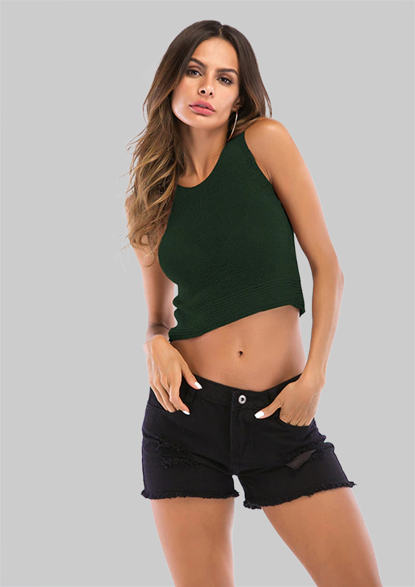 SOLID CREW NECK GREEN CROPPED VEST TOP