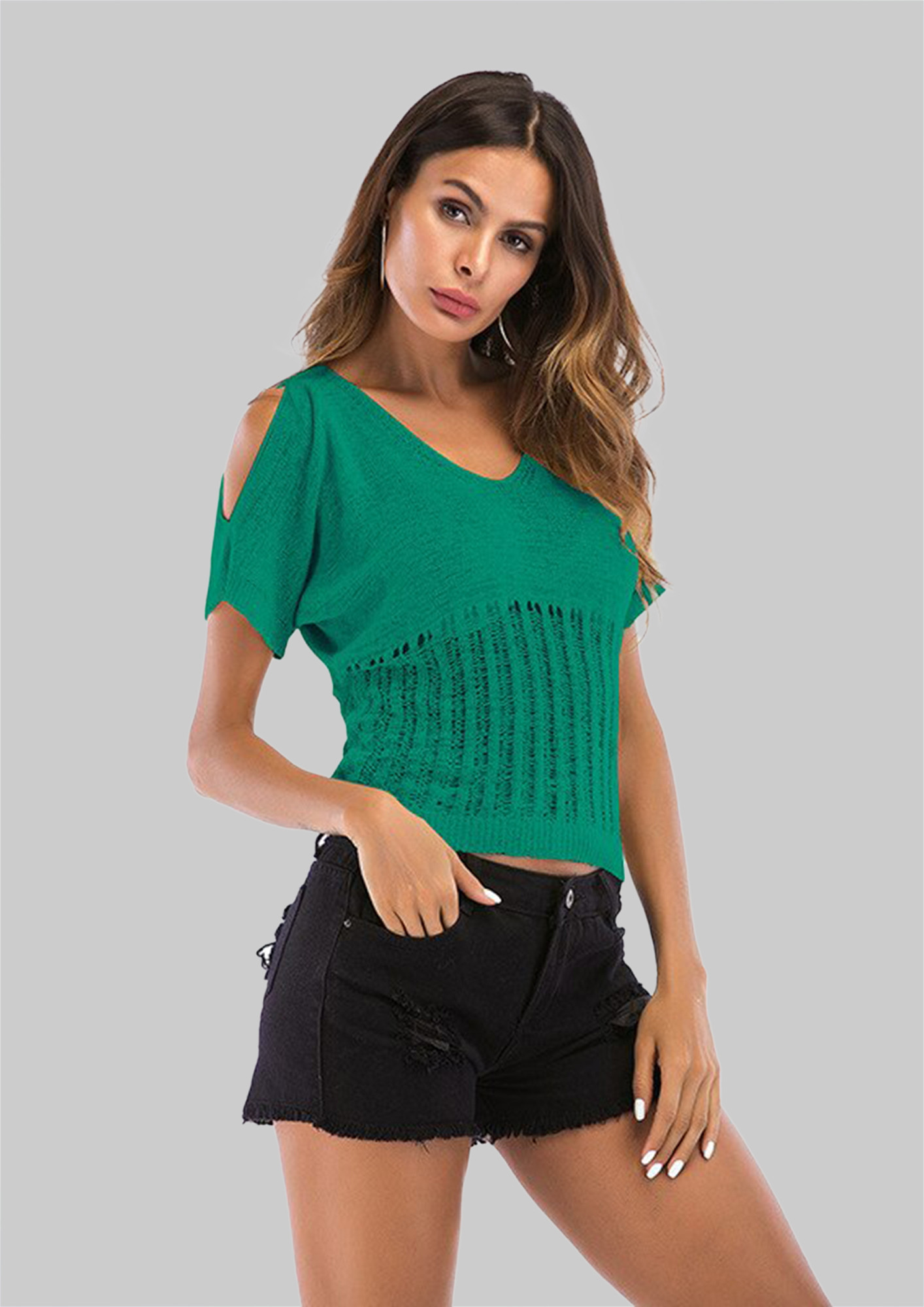 IN A CUT-OUT SLEEVE DETAIL GREEN T-SHIRT TOP