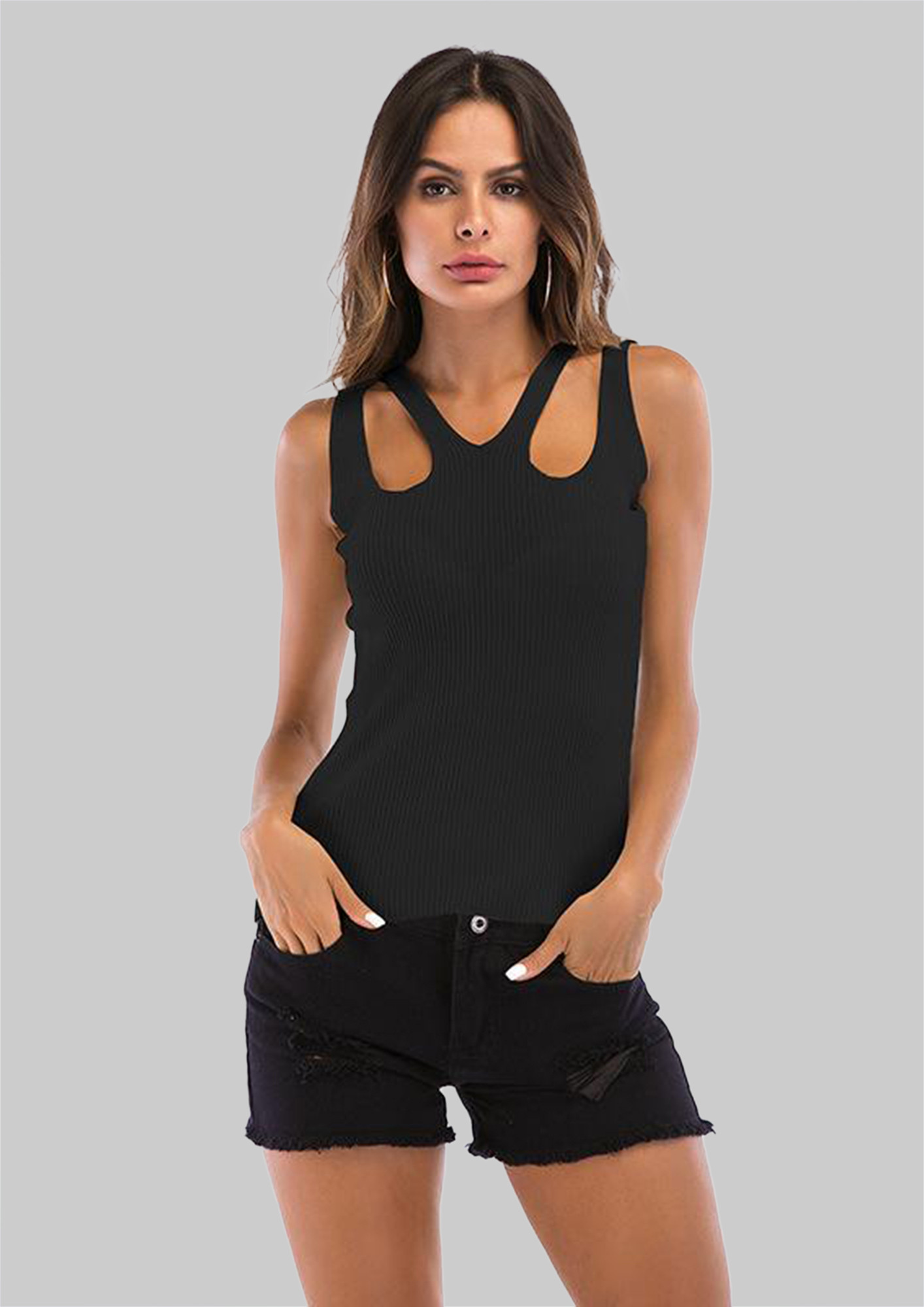 BLACK CUT-OUT NECK DETAIL SLEEVELESS TOP