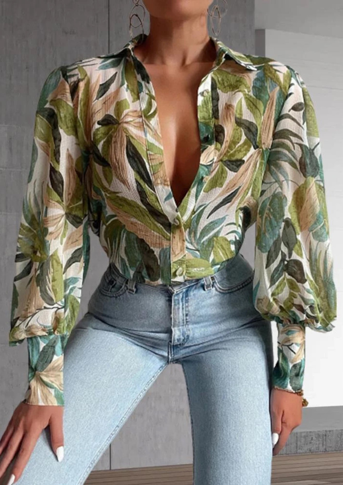 TROPICAL PRINT GREEN COLLARED BLOUSE