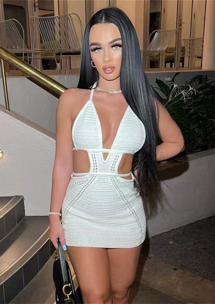WHITE KNITTED CUT-OUT BODYCON DRESS