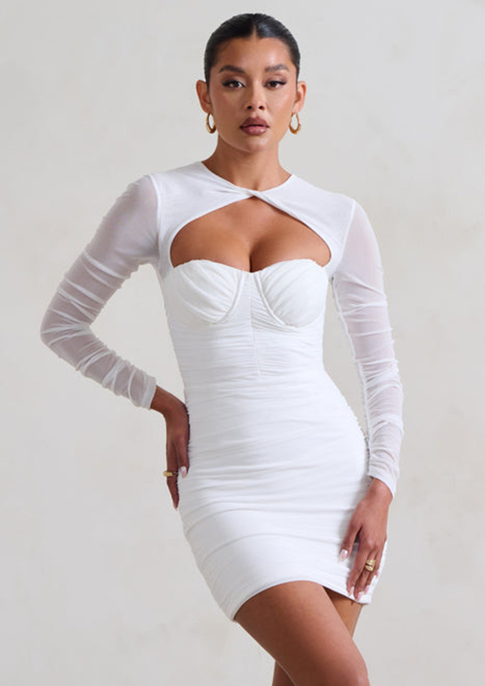 SHIRRED CUT-OUT WHITE BODYCON DRESS