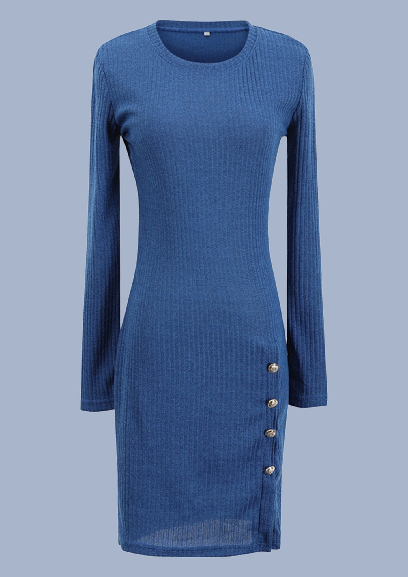 CREW NECK BUTTON-DETAIL BODYCON BLUE DRESS