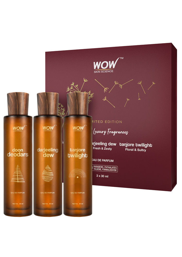 WOW Skin Science Eau De Parfum Doon Deodars, Darjeeling Dew, & Tanjore Twilight - All Day Fragrance, Long Lasting & Unisex Perfume - Pack of 3, 30ml x 3