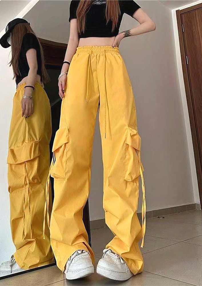 Yellow Pleated Knee Loose Wide Pants