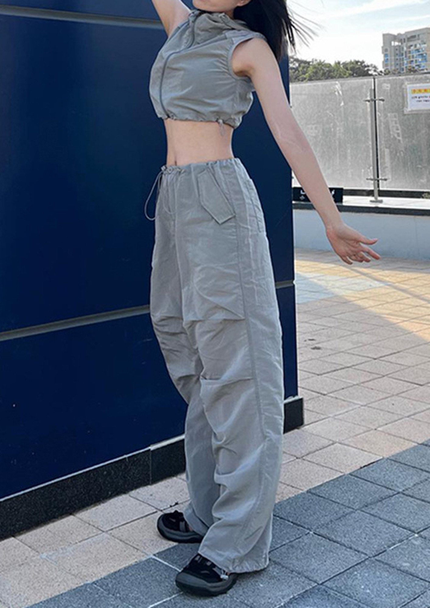 Buy LOOSE GREY POLYESTER PARACHUTE TROUSERS for Women Online in India