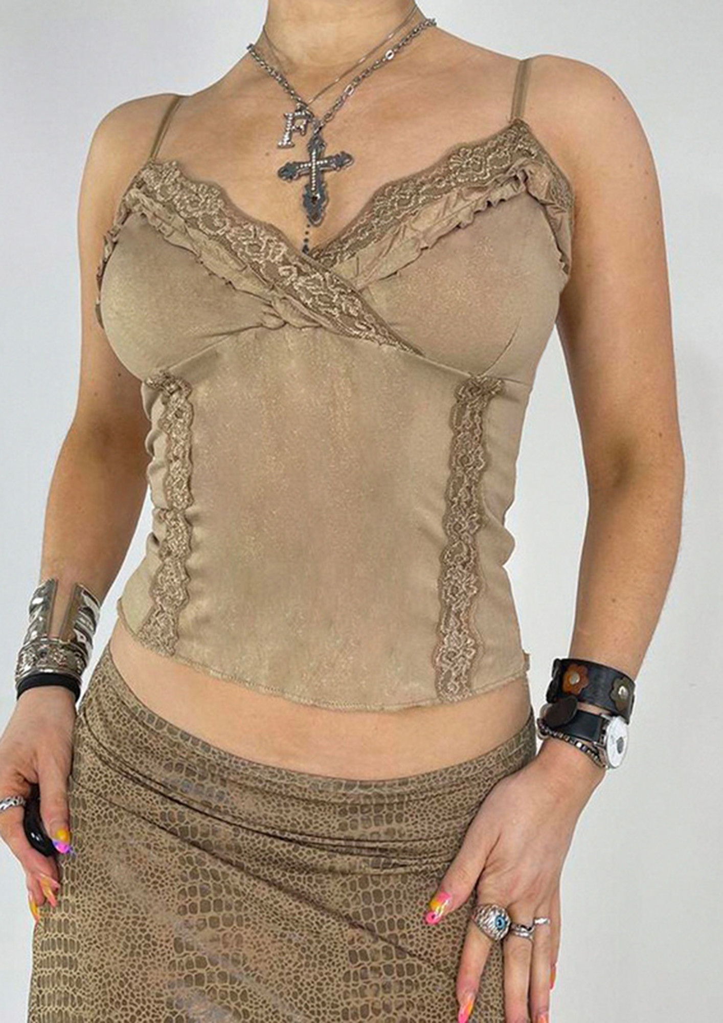 Buy KHAKI LACE-TRIMMED Y2K CAMI for Women Online in India