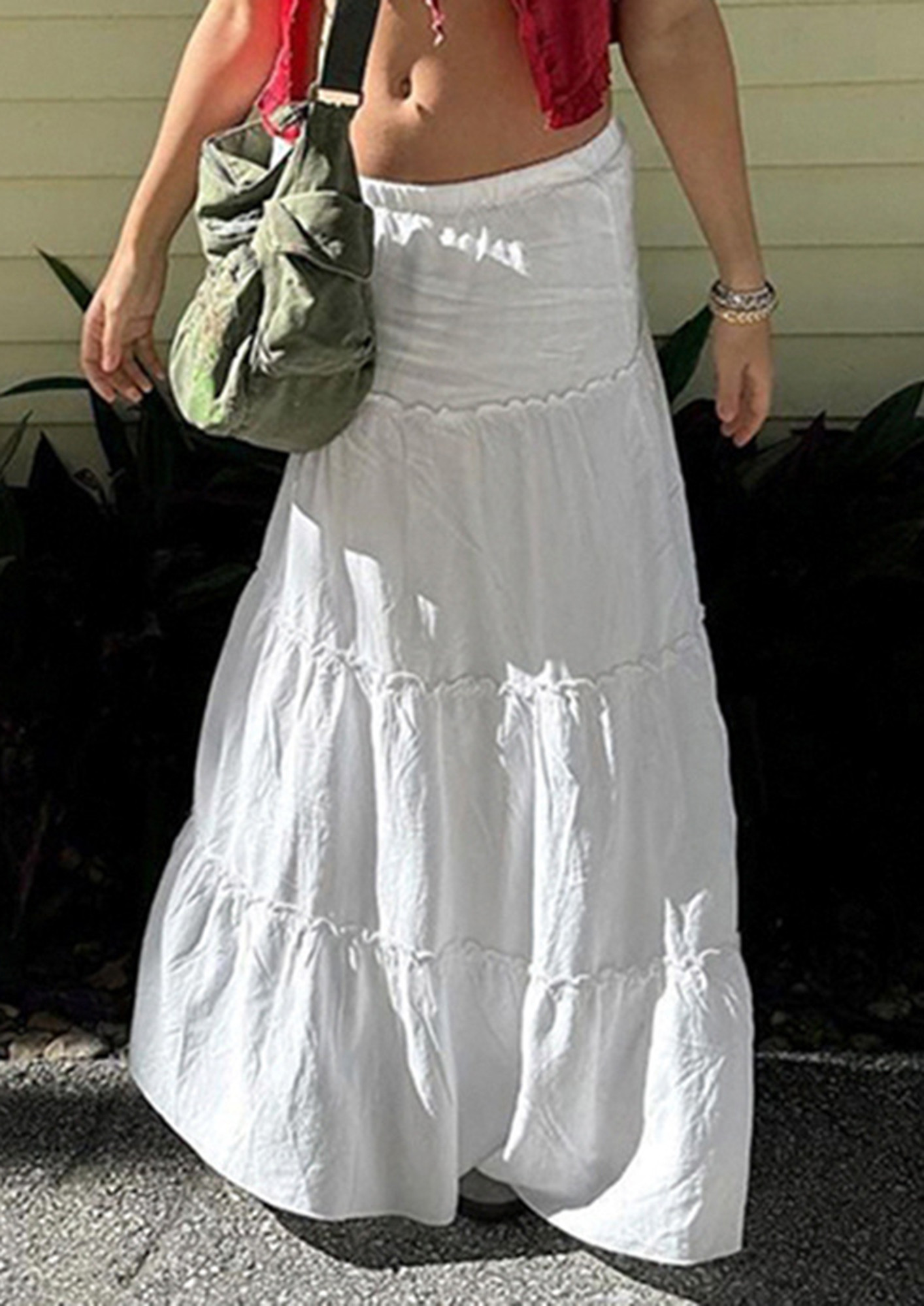 WHITE TIERED MID-LENGTH SKIRT