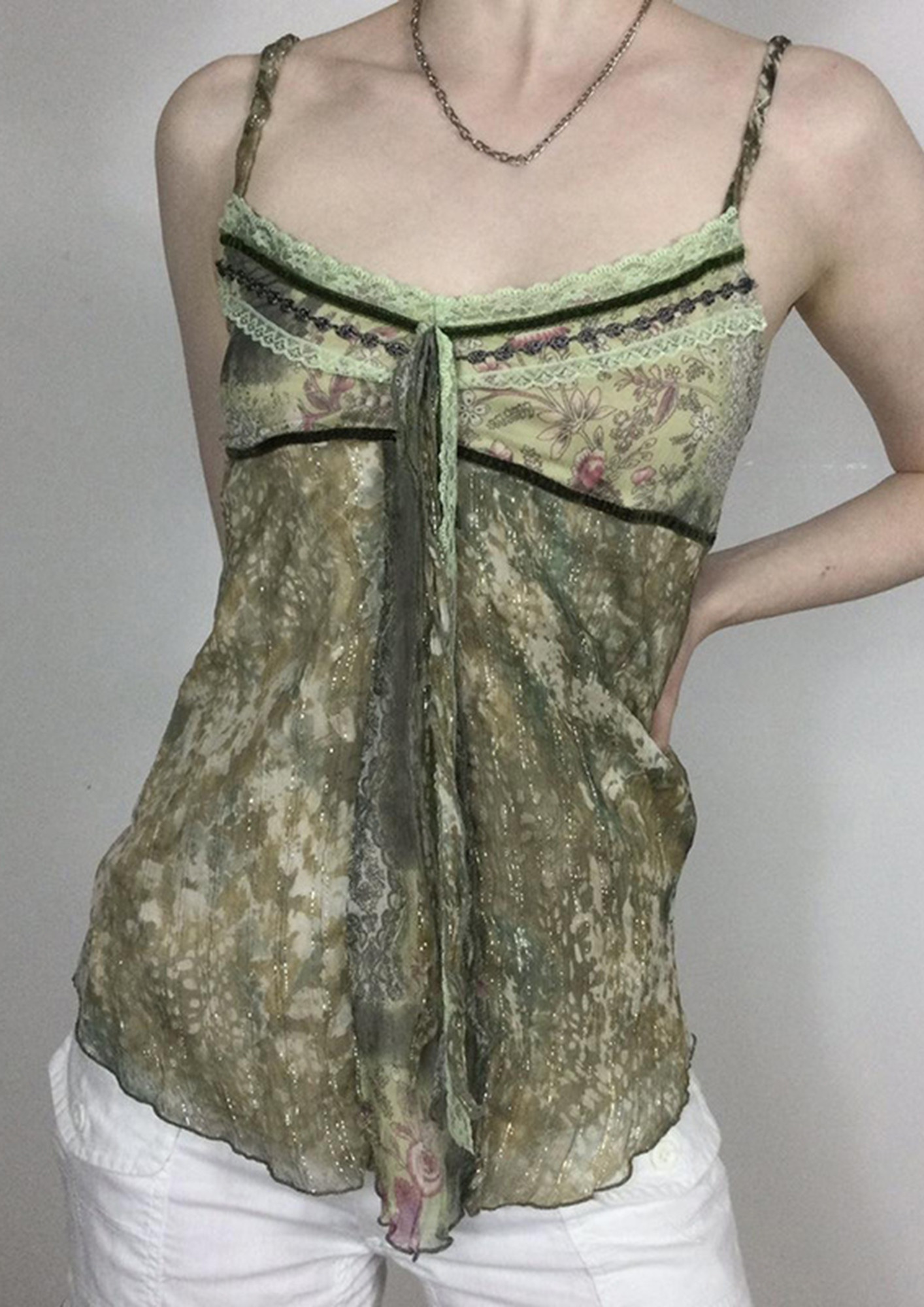 DOUBLE-LAYER LACE GREEN CAMI