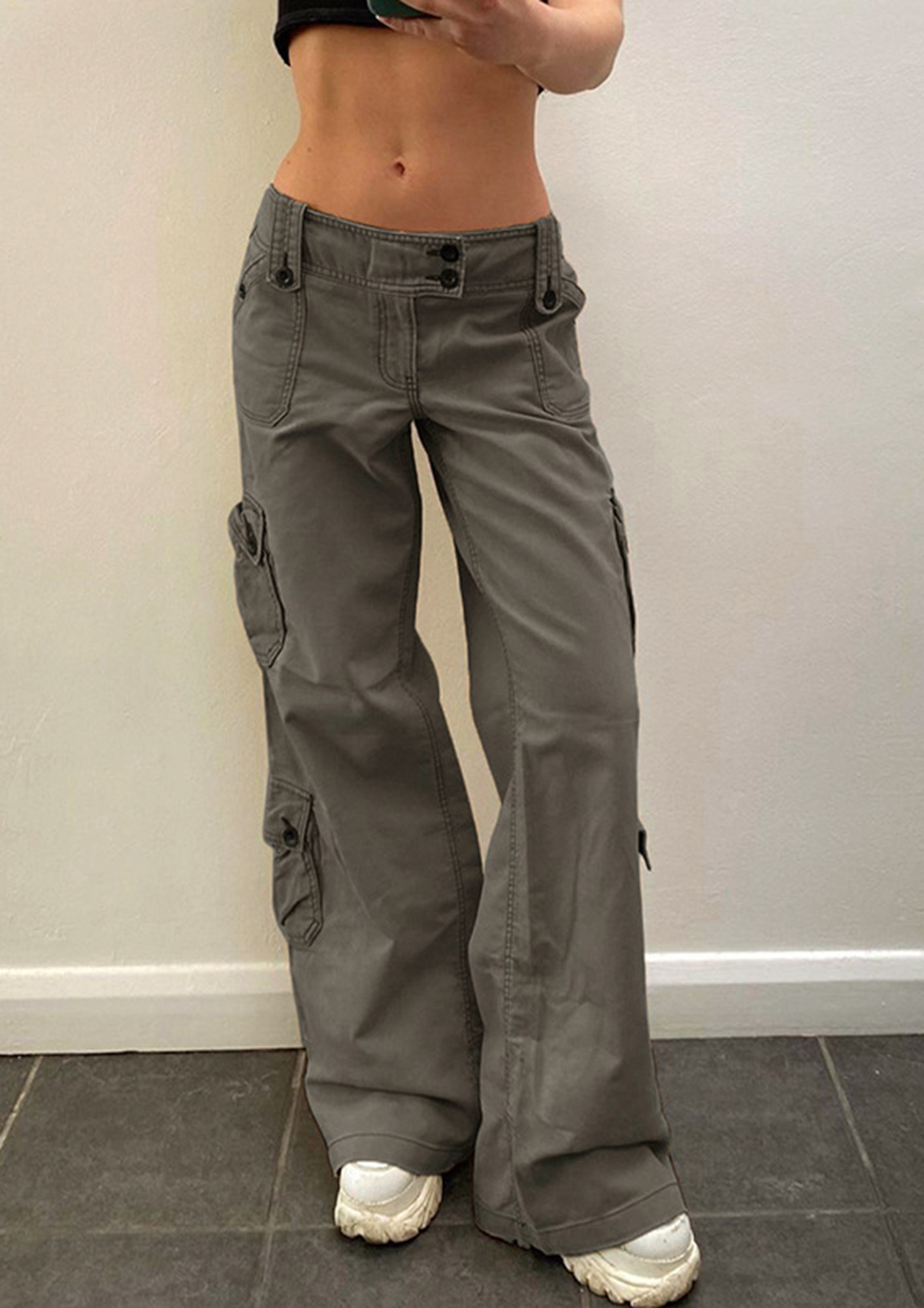 Womens Denim Low Rise Cargo Pocket Pants Baggy Wide Leg Drawstring Jean  Trousers | eBay