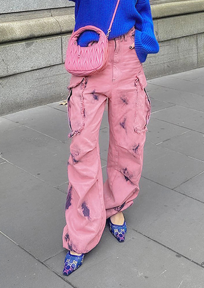 MULTI-POCKTED PINK CASUAL STRAIGHT TROUSER