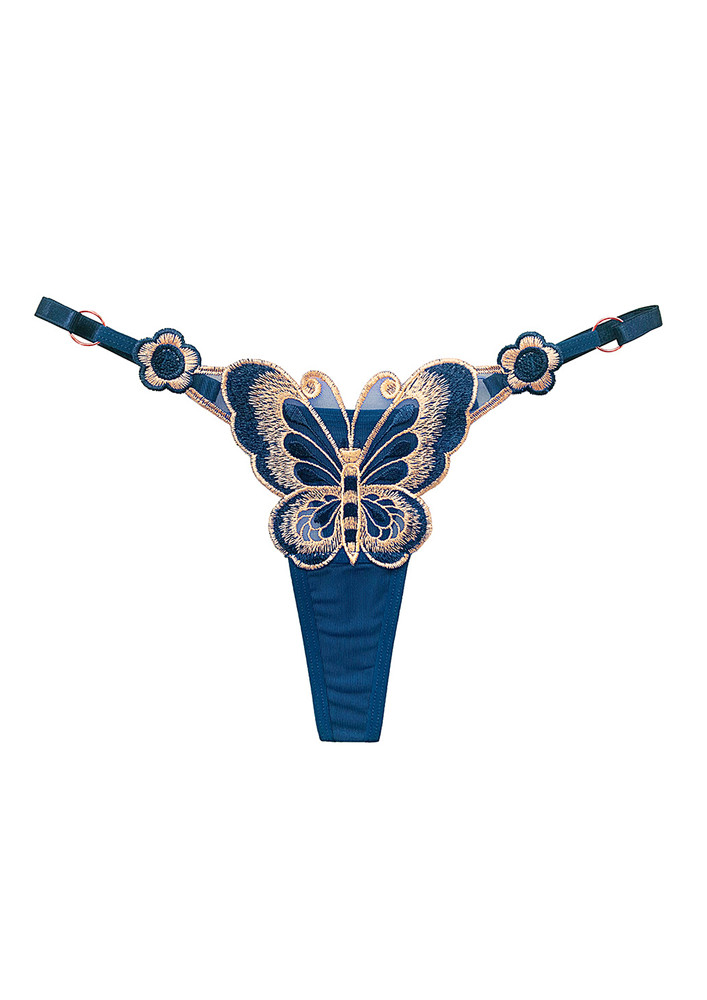 GRAY BLUE BUTTERFLY EMBROIDERY THONG