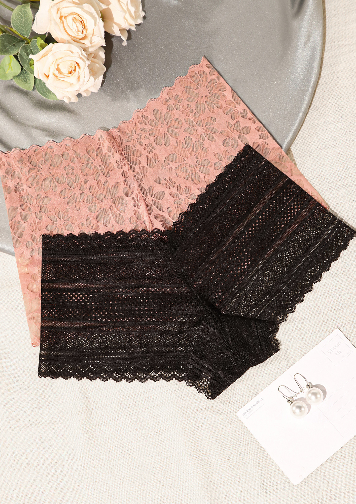PREMIUM-COMFORT-AND-MOR-MID-RISE, SOLID, PRINTED , LACE-DETAIL, NYLON, PINK AND BLACK, BOYSHORT BRIEF SET (PACK OF 2)